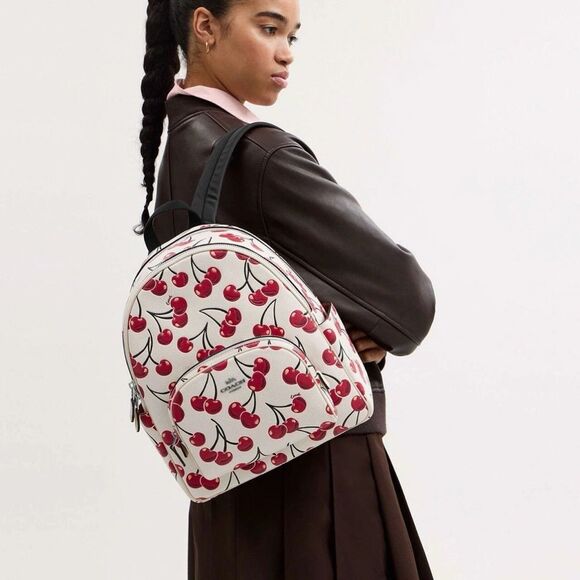 NWOT Coach Court Backpack With Cherry Print Silver Chalk Red Multi Leather CAA72 main image 11